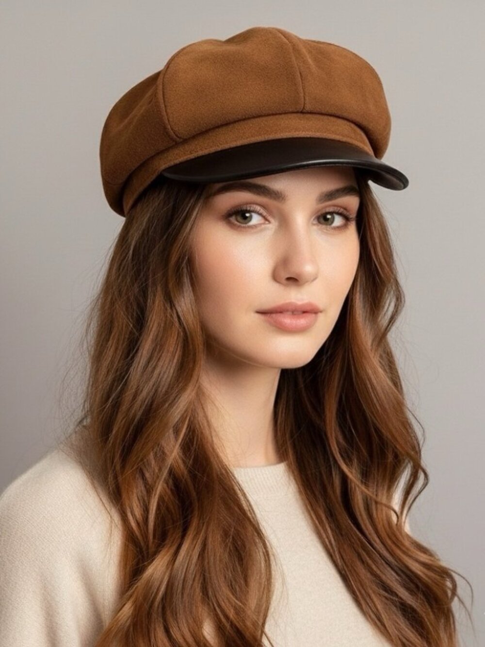 Vintage Brown Suede Leather Floppy Newsboy Panel Hat - Small, Unisex